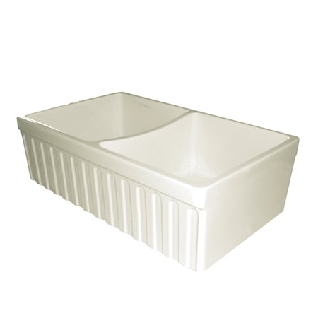Whitehaus Rvrsbl Dbl Bowl Sink W/ A Fluted Front Apron And 2" Lip On One Side An WHQDB332-BISCUIT